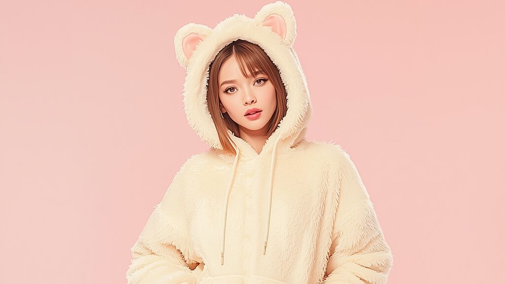 An AI androgynous model in hoodie looking cute