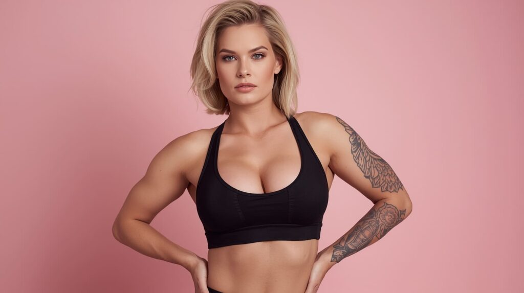 A russian blonde AI model with muscular physique