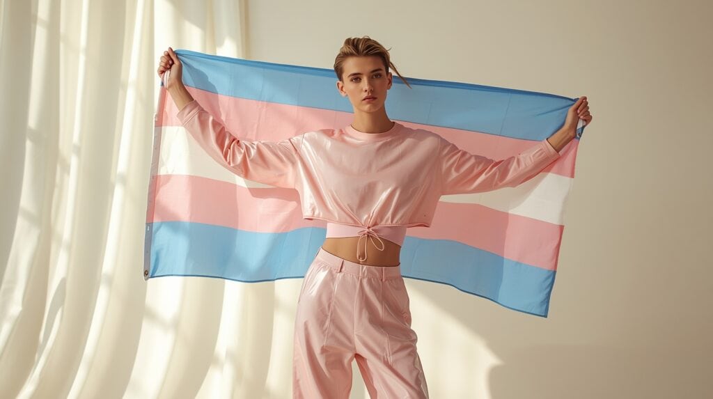 an androgynous AI model with Trans flag in hand posing confidently