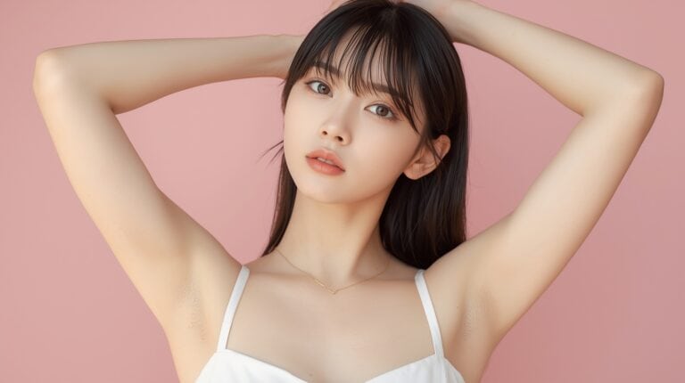 A beautiful japanese girl with smooth skin and smooth underarms posing confidently