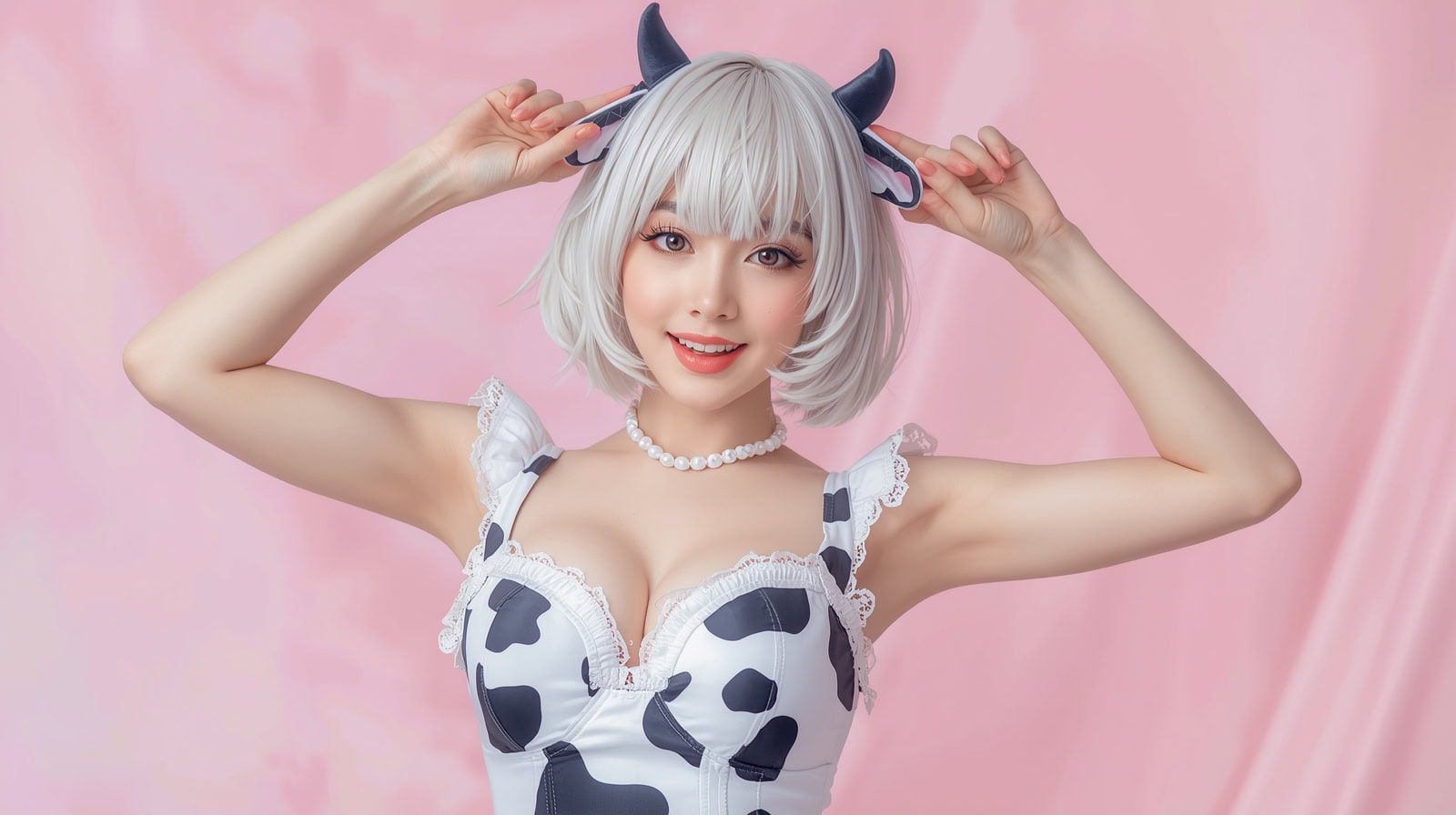 Cute Japanese AI model performing cow cosplay