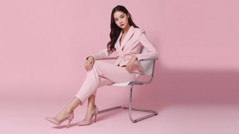 A cute korean girl sitting confidently on chair with fashionable clothes