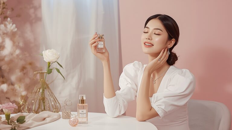 A cute AI woman applying perfume gracefully
