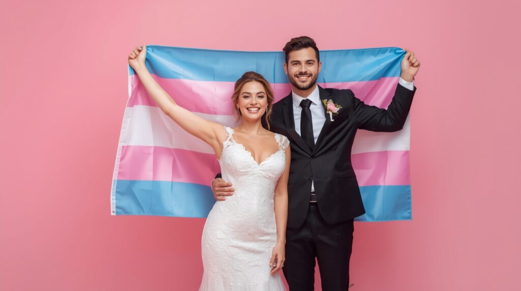 A cute transgender couple newly married smiling happily