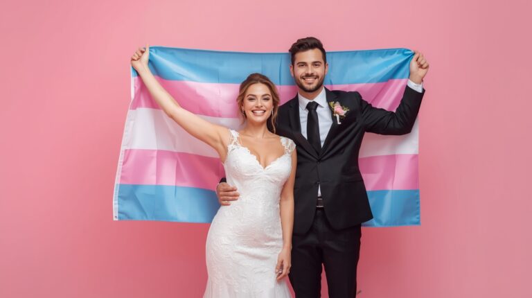 A cute transgender couple newly married smiling happily