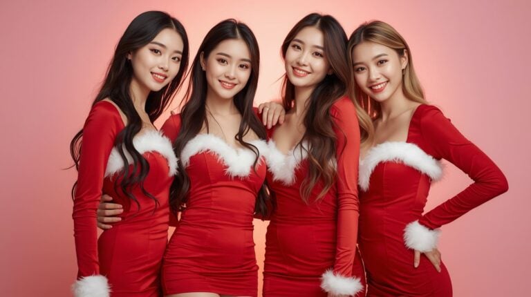 four cute girls celebrating christmas together