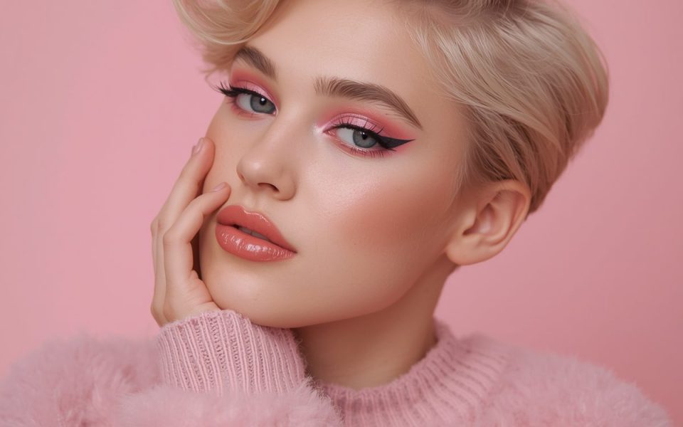 An beautiful blonde femboy with makeup posing cute